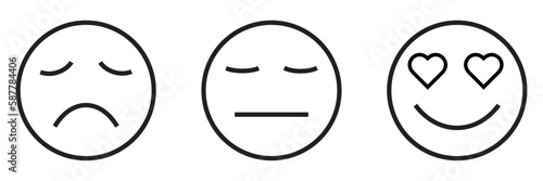 Satisfaction feedback survey emoji, flat style black line color rating emoticons. Good with heart eyes, bad, average icons with sad, neutral and happy mood face symbols isolated on white background.