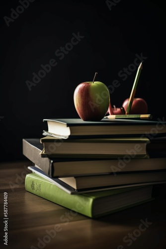 a pile of books on a teacher's desk, an apple and a pen, teachers' day, copy space photo