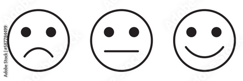 Satisfaction feedback survey emoji, flat style black line color rating emoticons. Good, bad, average icons with sad, neutral and happy mood face vector symbols isolated on white background.