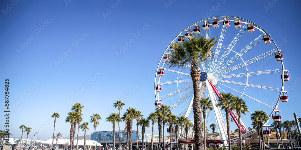 Fototapeta premium A mesmerizing ferris wheel silently dominates the Santa Monica skyline - generative ai.