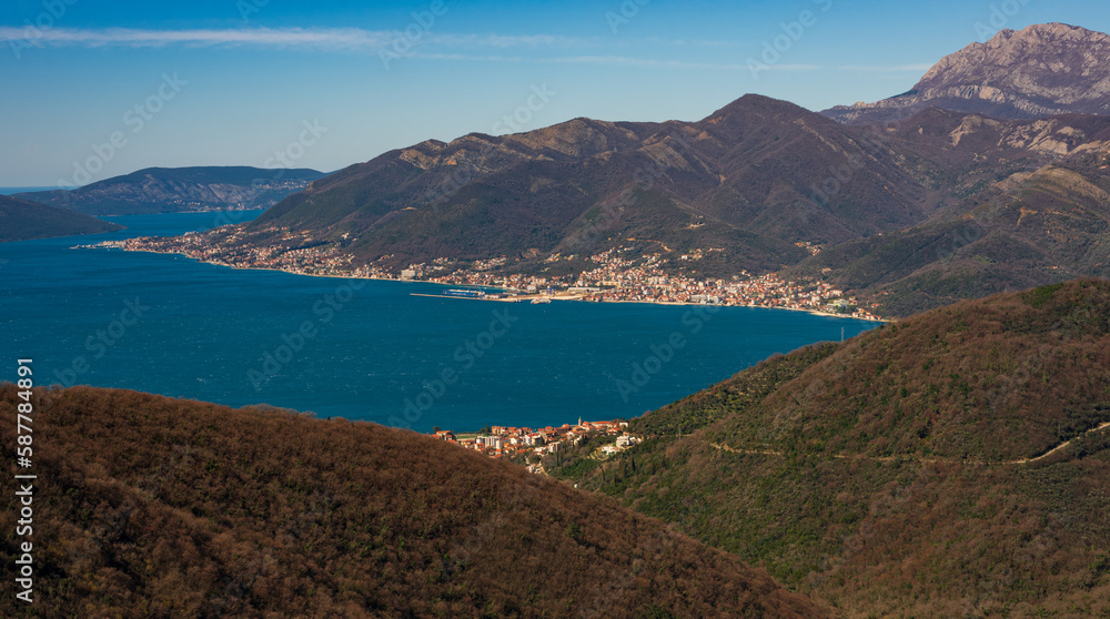 Obraz premium View of the Bay of Kotor from the mountain hiking trail above Tivat and Gorna Lastva