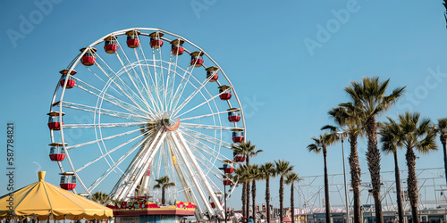 The Ferris wheel in Santa Monica, United States provides a thrilling experience for amusement park goers. - Generative AI.