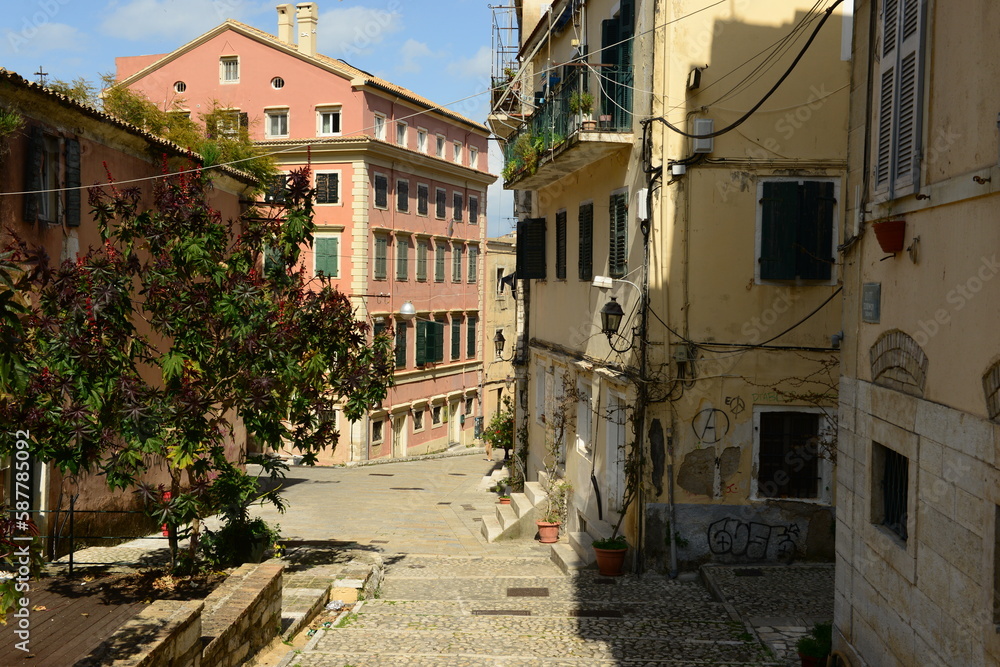 Corfu town, Corfu island, Greece- Backstreet and one of the entrances to the 15th century Venetian fort.