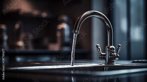 Faucet with running water on the countertop in the kitchen.generative ai