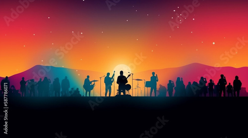 Music concert background with silhouettes of musicians on stage.generative ai