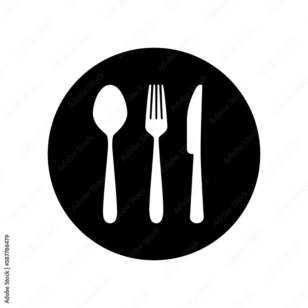 Silhouette of cutlery. Set of white fork, knife, spoon on black circle. Logotype menu in flat style. Vector illustration Silhouette of cutlery. Set of white fork, knife, spoon on black circle. Logotype menu in flat style. Vector illustration