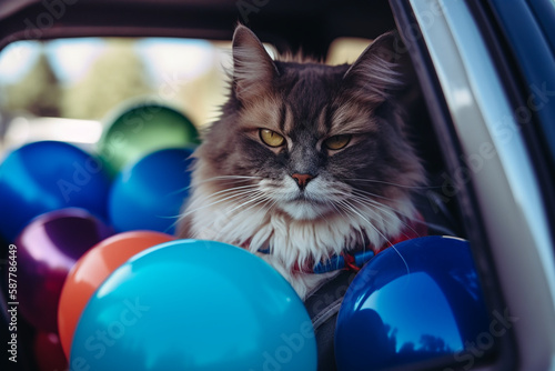 Cat sitting in car wearing colorful sunglass