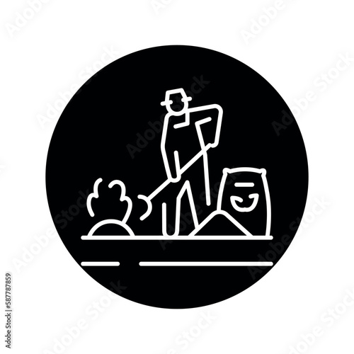 Worker fertilizes the plantscolor line icon. Garden service.