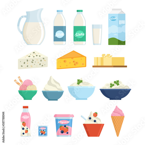Vector collection of dairy products in flat style including milk, butter, cheese, yogurt, cottage cheese, sour cream, ice cream, cream, isolated on white
