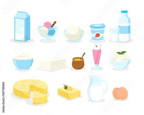 Vector collection of dairy products in flat style including milk, butter, cheese, yogurt, cottage cheese, sour cream, ice cream, cream, isolated on white