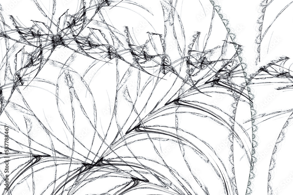 Fototapeta premium Black pattern of crooked waves and threads on a white background. Abstract fractal 3D rendering