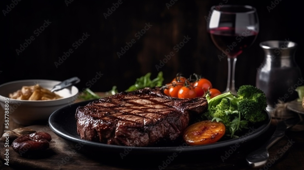 Grilled beef steak with baked potatoes and rosemary on dark background.generative ai Grilled beef steak with baked potatoes and rosemary on dark background.generative ai