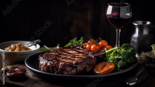 Grilled beef steak with baked potatoes and rosemary on dark background.generative ai