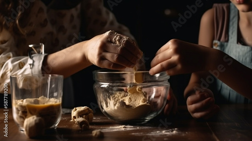 Close-up of child s hands kneading dough for cookies.generative ai