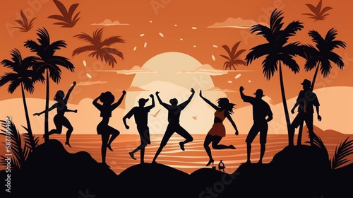 Happy people jumping on the beach at sunset.generative ai