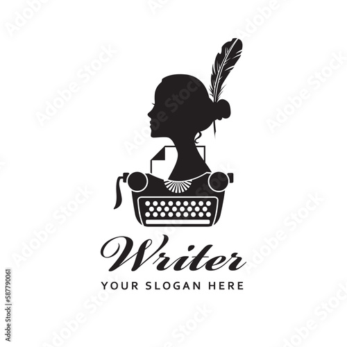 writer badge with typewriter and girl isolated on white background