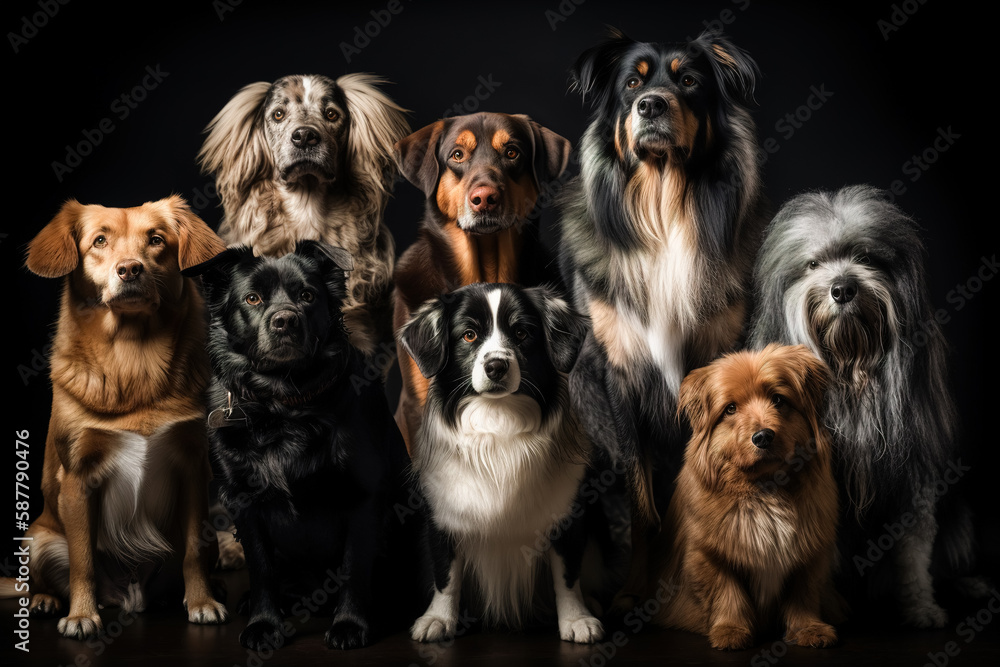 A herd, a group of abandoned dogs of different breeds sitting obediently in front of the camera. Generative ai