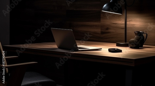 Laptop on a wooden table with a lamp in a dark room.generative ai © S...