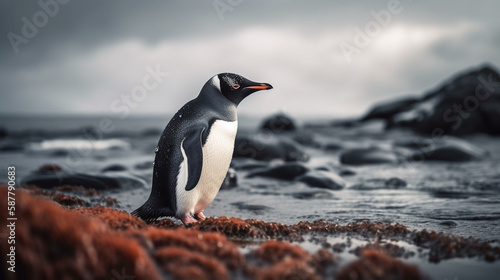 Gentoo penguin standing on a rock.generative ai