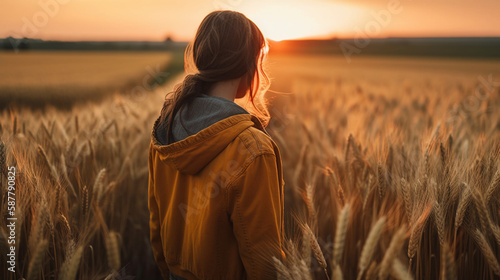 Rear view of a young woman in a wheat field at sunset.generative ai