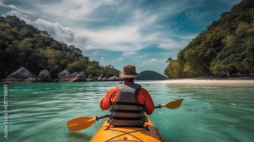 Woman kayaking in tropical sea. Young woman paddling a kayak in the sea.generative ai © S...
