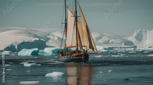 Antarctic landscape with ship and icebergs in the ocean.generative ai