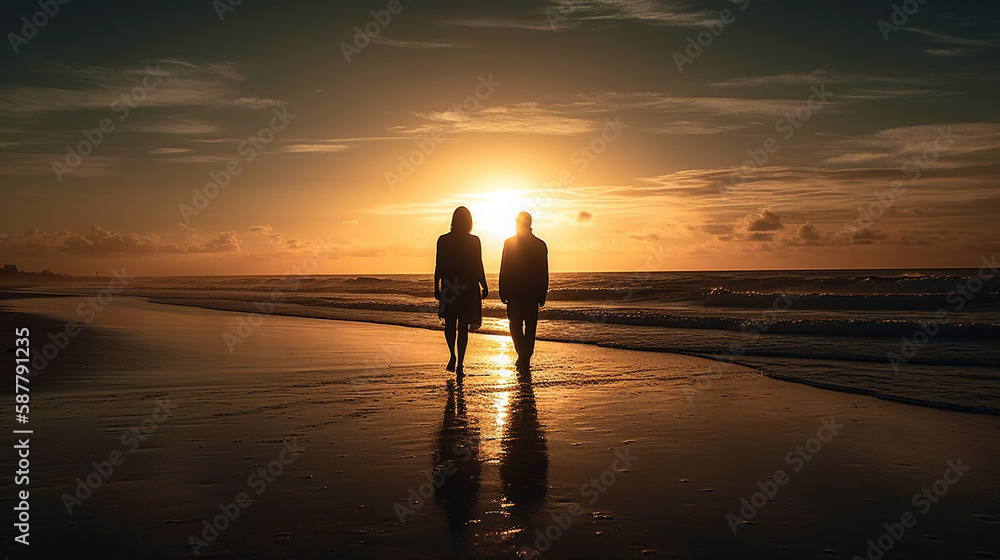 A couple walking on a beach with the sun setting behind them.generative ai