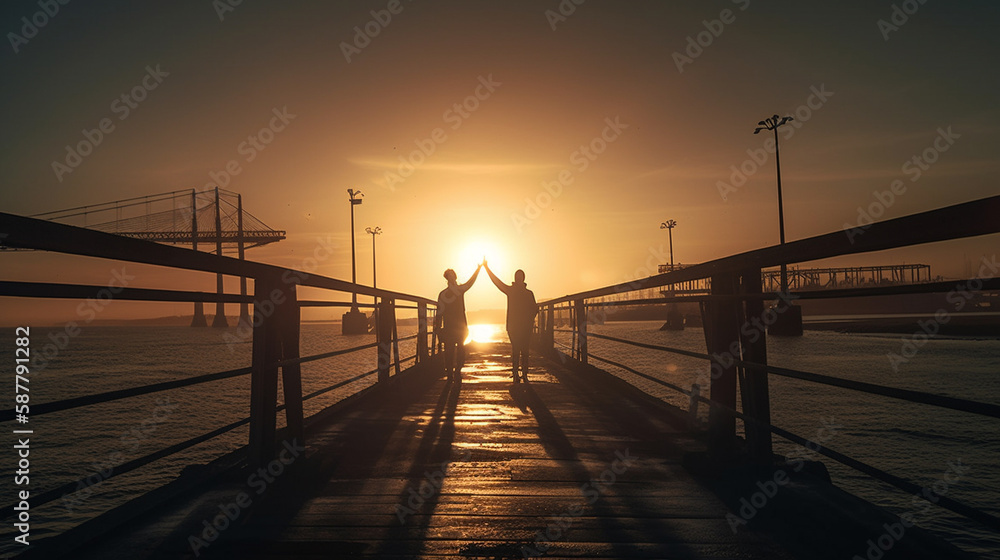 A couple stands on a pier with their hands up in the air.generative ai