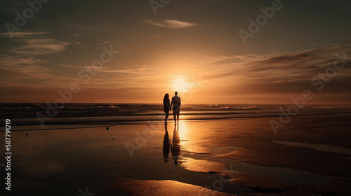 A couple walking on a beach with the sun setting behind them.generative ai © S...