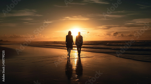 A couple walking on a beach with the sun setting behind them.generative ai © S...