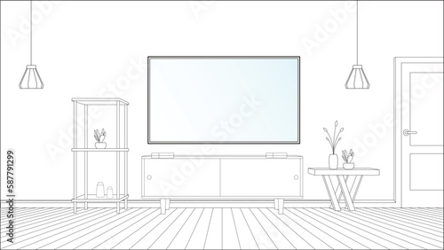 modern living room, A sketch of a living room with a tv and a table with a vase of flowers.