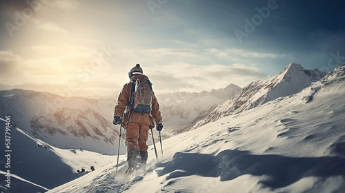 A man in yellow ski gear walks up a snowy mountain with the sun shining on him.generative ai © S...