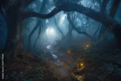 Misty night forest with magical fireflies. Generative AI illustration