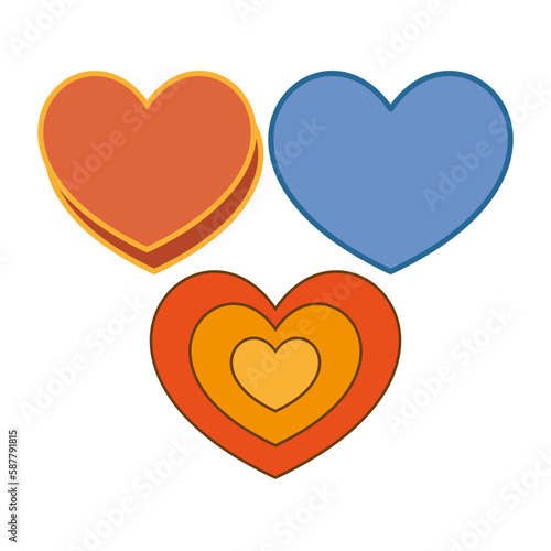 Psychedelic the 70s style background with vector icon colored heart. Red, yewllow and blue smile face. Love theme retro old