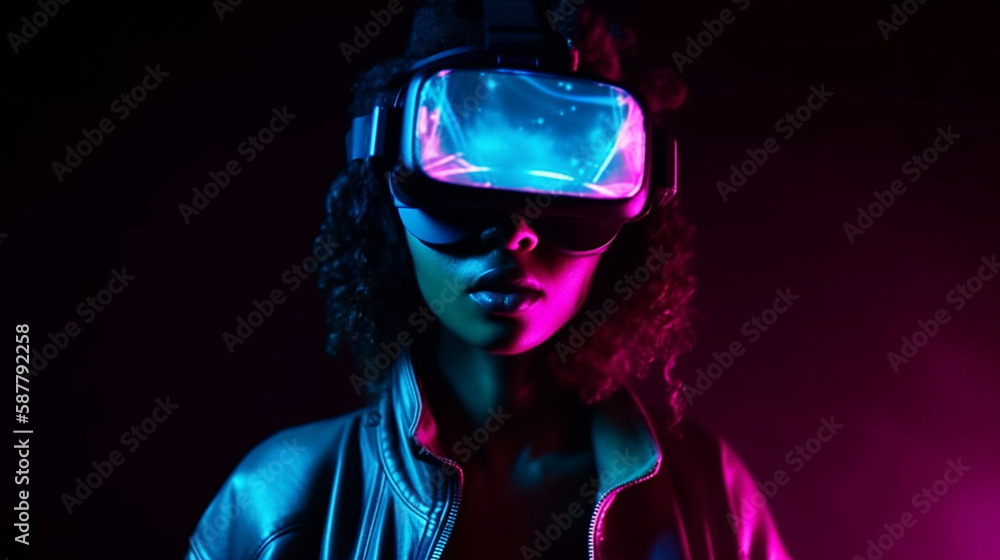 A woman wearing a neon vr headset with the word vr on the front.generative ai A woman wearing a neon vr headset with the word vr on the front.generative ai