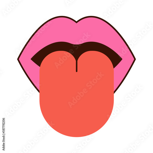 Mouth with tongue sticking out, lips blowing pink and open mouth with eye. Various mimic emotions and facial expressions. Vector illustration in vintage retro style. Flower