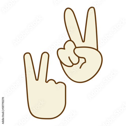 hippie symbols two fingers as a sign of victory, a sign of Pacific and letterin love and peace. In the style of the 60s, 70s with elements of mehendi. Vector retro icon