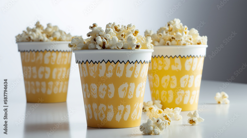 Popcorn viewed float Paper cup with popcorn on white isolated. Generative Ai Popcorn viewed float Paper cup with popcorn on white isolated. Generative Ai