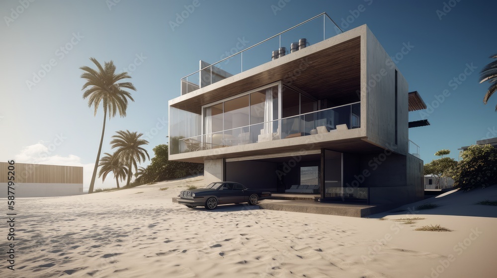 Obraz premium Modern house with panoramic windows on the beach. Modern beach house design. Modern architecture. Beach house. Generative AI