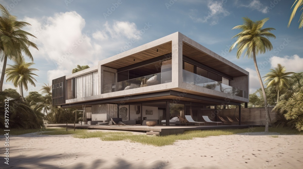 Modern house with panoramic windows on the beach. Modern beach house design. Modern architecture. Beach house. Generative AI Modern house with panoramic windows on the beach. Modern beach house design. Modern architecture. Beach house. Generative AI