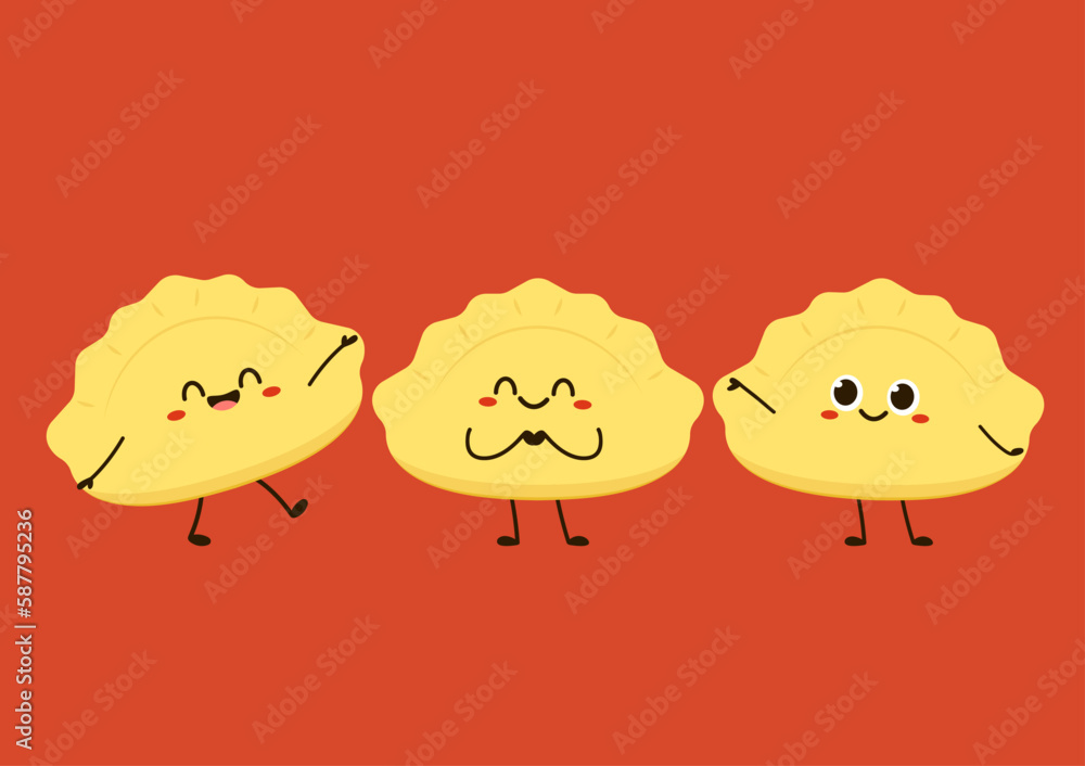 Fototapeta premium Gyoza vector. Hot dumplings and chopsticks on red background. Steamed dim sum or bun illustration for restaurant logo. Asian food icon for Japanese.