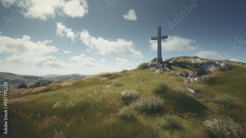 Wooden cross and colorful sunrise in a forested valley in the mountains. Generative ai