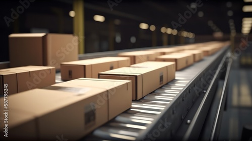 Parcels on conveyor belt in a warehouse. Generative AI © cac_tus