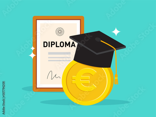 Cost of education. Success of qualified professionals. Euro coin, mortarboard graduation cap, framed diploma. Paying for college, university. Money for university, college, graduation