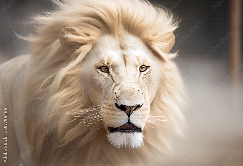 A close up picture of a white lion with a blurry background,Generative AI A close up picture of a white lion with a blurry background,Generative AI
