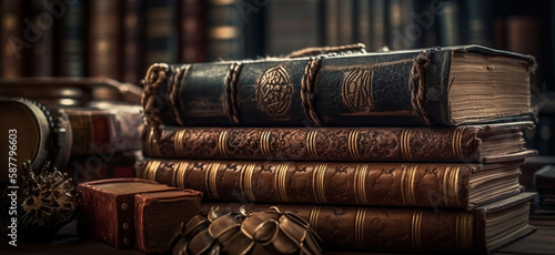  stack of antique leather books,Generative AI