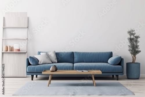 interior background space room copy space decoration cosy apartment blue contemporary sofa stylish. Generative AI.