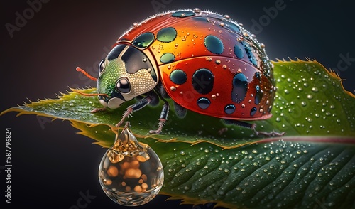  a lady bug sitting on top of a green leaf next to a drop of water. generative ai