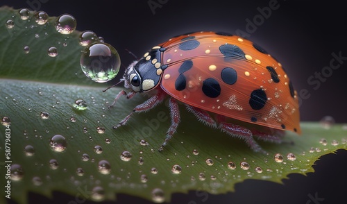  a lady bug sitting on top of a green leaf covered in water droplets. generative ai