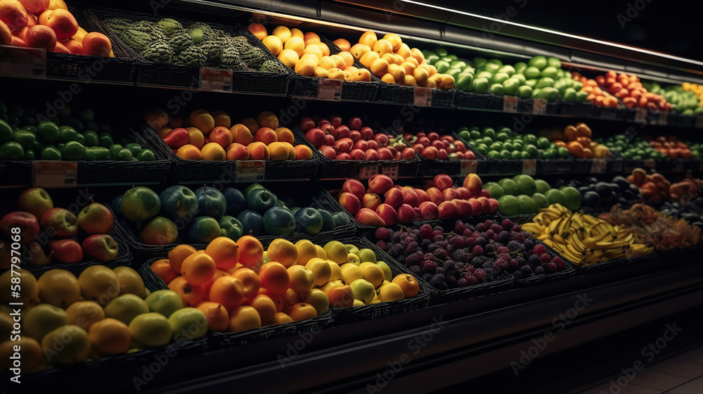 Fresh fruits and vegetables on the shelf in the supermarket. Generative Ai